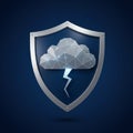 A silver shield encloses a geometric, polygonal cloud emitting a zigzag lightning bolt. Royalty Free Stock Photo