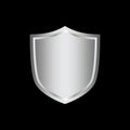 Silver shield shape icon. 3D gray emblem sign isolated on black background. Symbol of security, power, protection. Badge