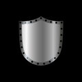 Silver shield shape icon. 3D gray emblem sign isolated on black background. Symbol of security, power, protection. Badge