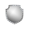 Silver shield shape icon. 3D gray emblem sign isolated on white background. Symbol of security, power, protection. Badge