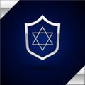 Silver Shield with Star of David icon isolated on dark blue background. Jewish religion symbol. Symbol of Israel. Vector Royalty Free Stock Photo