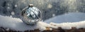 Silver shiny mirror crystal ball for Christmas tree and New Year celebration. Fairy snowy winter holiday background