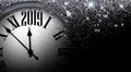 Silver shiny 2019 New Year background with clock. Greeting card. Royalty Free Stock Photo