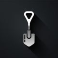 Silver Shovel icon isolated on black background. Gardening tool. Tool for horticulture, agriculture, farming. Long