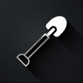 Silver Shovel icon isolated on black background. Gardening tool. Tool for horticulture, agriculture, farming. Long