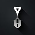 Silver Shovel icon isolated on black background. Gardening tool. Tool for horticulture, agriculture, farming. Long