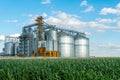 silver silos on agro manufacturing plant for processing drying cleaning and storage of agricultural products, flour, cereals and Royalty Free Stock Photo