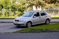 Silver Skoda Fabia Sedan 1st generation parked in a parking lot