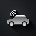 Silver Smart car system with wireless connection icon isolated on black background. Remote car control. Long shadow Royalty Free Stock Photo