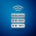 Silver Smart Server, Data, Web Hosting icon isolated on blue background. Internet of things concept with wireless Royalty Free Stock Photo