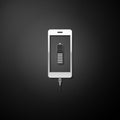 Silver Smartphone battery charge icon isolated on black background. Phone with a low battery charge and with USB Royalty Free Stock Photo