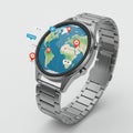 Silver smartwatch with a digital display featuring a world map. Red Royalty Free Stock Photo