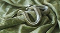 Silver snake coiled on a green brocade fabric. Macro photography of reptile on luxurious textile