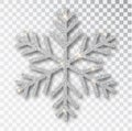 Silver snowflake isolated on a transparent background. Christmas decoration, covered bright glitter. Silver glitter