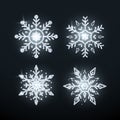 Silver Snowflake Set. Christmas decoration element. Shiny silver luxury flake. Vector illustration isolated on black background Royalty Free Stock Photo