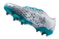 Silver soccer shoes with spikes, turquoise soles and laces, levitate as if it flies, on a white background Royalty Free Stock Photo