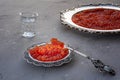 Silver spoon and plate with natural red caviar Royalty Free Stock Photo