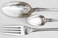Silver spoons and dinner fork Royalty Free Stock Photo