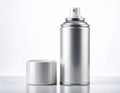 Silver Spray Can with White Cap on Reflective Surface Studio Shot Royalty Free Stock Photo