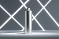 a silver spray can with white light beams behind it, standing on a grey background, with soft lighting and a minimalistic design, Royalty Free Stock Photo