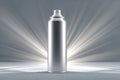 a silver spray can with white light beams behind it, standing on a grey background, with soft lighting and a minimalistic design, Royalty Free Stock Photo