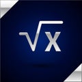 Silver Square root of x glyph icon isolated on dark blue background. Mathematical expression. Vector Royalty Free Stock Photo