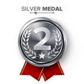 Silver 2st Place Medal Vector. Metal Realistic Badge With Second Placement Achievement. Round Label With Red Ribbon, Laurel Wreath