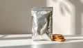 Silver Stand Up Pouch With Zipper And Stack Of Square Crackers On White Surface packaging Royalty Free Stock Photo