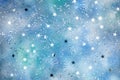 Silver stars confetti on blue background with colorful blots