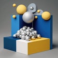 silver stars and golden orbs blue sand and yellow cubes podium, empty showcase for packaging product presentation AI