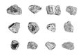 Silver stones set white background isolated closeup, iron mine nugget collection, gray metallic rock samples texture raw metal ore Royalty Free Stock Photo