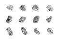 Silver stones set white background isolated closeup, iron mine nugget collection, gray metallic rock samples texture raw metal ore Royalty Free Stock Photo