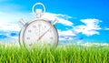 Silver stopwatch, chronometer on green grass. 3D rendering Royalty Free Stock Photo