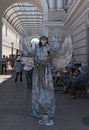 Silver street artist at the Merida street festival on Sunday, in front of the Passage of the Revolution, Merida, Mexico