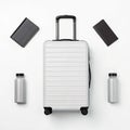Generative AI Created Minimalist Suitcase with Travel Essentials Floating on Clean Background Royalty Free Stock Photo