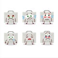 Silver suitcase cartoon character with sad expression