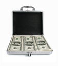 Silver suitcase with money dollars isolated