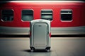 A silver suitcase stands on the platform near the train.travel concept.