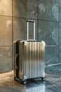 A silver suitcase with wheels sits on a marble floor. Generative AI Royalty Free Stock Photo