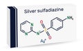 Silver sulfadiazine molecule. It is sulfonamide antibiotic. Skeletal chemical formula. Paper packaging for drugs