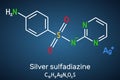 Silver sulfadiazine molecule. It is sulfonamide antibiotic. Structural chemical formula on the dark blue background