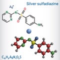 Silver sulfadiazine molecule. It is sulfonamide antibiotic. Structural chemical formula, molecule model.