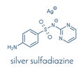 Silver sulfadiazine topical antibacterial drug molecule. Used in treatment of wounds and burns. Skeletal formula.