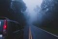 Silver SUV car driving on a mountain road in fog Royalty Free Stock Photo