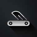 Silver Swiss army knife icon isolated on black background. Multi-tool, multipurpose penknife. Multifunctional tool. Long