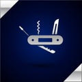 Silver Swiss army knife icon isolated on dark blue background. Multi-tool, multipurpose penknife. Multifunctional tool