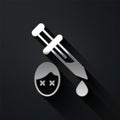 Silver Sword with blood icon isolated on black background. Medieval weapons knight and soldier. Symbol of murder. Long