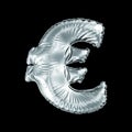 Silver symbol euro made of inflatable balloon isolated on black background. Royalty Free Stock Photo