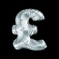 Silver symbol pound sterling made of inflatable balloon isolated on black background.