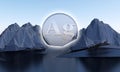 Silver symbol in shape of coin in abstract mountains